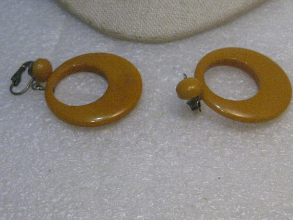 Butterscotch Bakelite Hoop Clip Earrings, 1940's, Stud and Dangle, 2-1/8