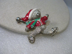Vintage Silver Tone Enameled Christmas Skating Bear Brooch, signed Gio