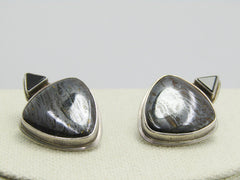 Sterling Southwestern Tiger Iron Earrings, Onyx,  Pierced, 16.50gr., 1.25", Triangular
