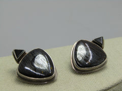 Sterling Southwestern Tiger Iron Earrings, Onyx,  Pierced, 16.50gr., 1.25", Triangular