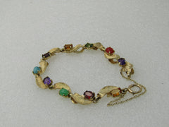 Vintage 14kt Mixed Gemstone Leaf Bracelet,  7", Safety Chain