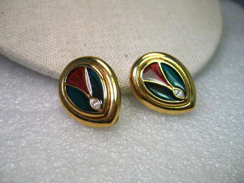 Vintage Joan Rivers Stained Glass Clip Earrings, Rhinestone Accent - Cathedral Theme
