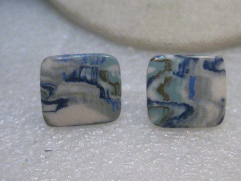 Vintage  Glass Tile Earrings, Screw Back, Marbled Blue & White, 3/4",  1950's-1960's