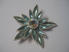 Vintage 1960's Aqua Navette White Enameled Floral Brooch with A.B. Center, 2.5"