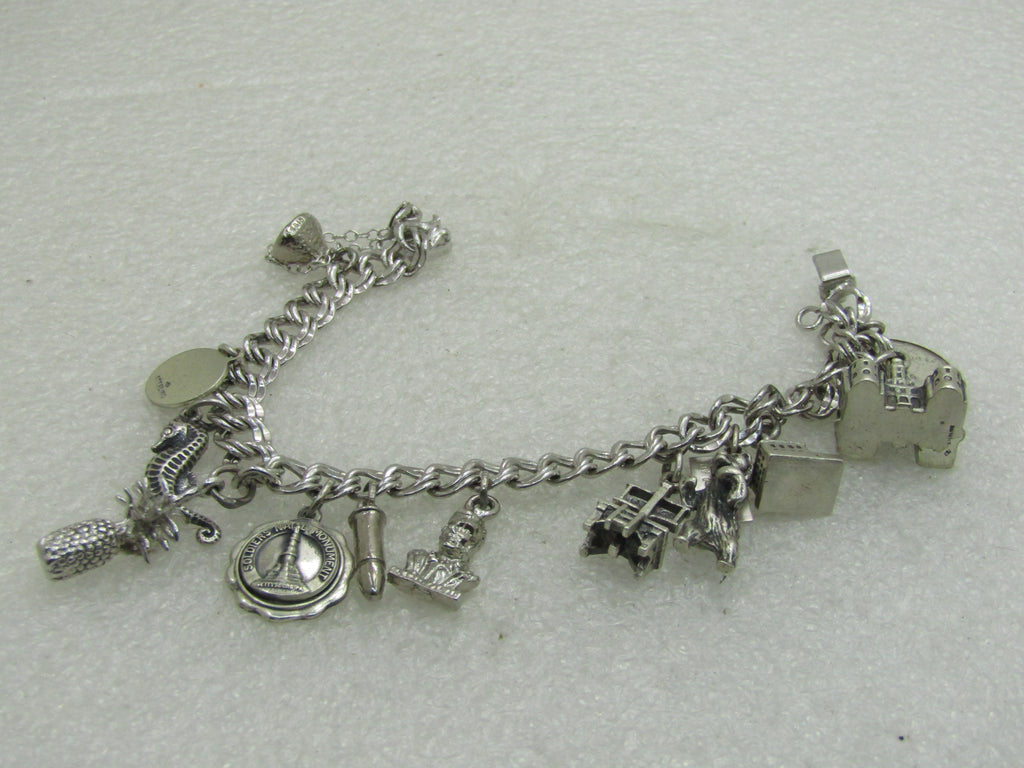 Vintage Sterling Silver Charm Bracelet, 7", Elco, 7mm Double Link, 12 Charms