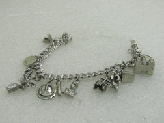 Vintage Sterling Silver Charm Bracelet, 7", Elco, 7mm Double Link, 12 Charms