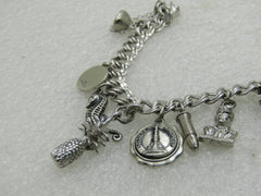 Vintage Sterling Silver Charm Bracelet, 7", Elco, 7mm Double Link, 12 Charms