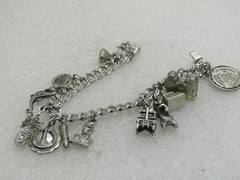 Vintage Sterling Silver Charm Bracelet, 7", Elco, 7mm Double Link, 12 Charms
