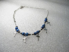 Cross and Blue Moonstone Beaded Ankle Bracelet, 8" - Silver tone, with 3" extender chain