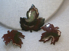 Copper Enameled Leaf Brooch & Earrings Set, Vintage, Clip Earrings, Browns & Green Maple Leaves