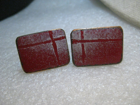 Copper Enameled Red Cuff Links,  Rectangular, White Accents  1980's Retro - Unisex 1"