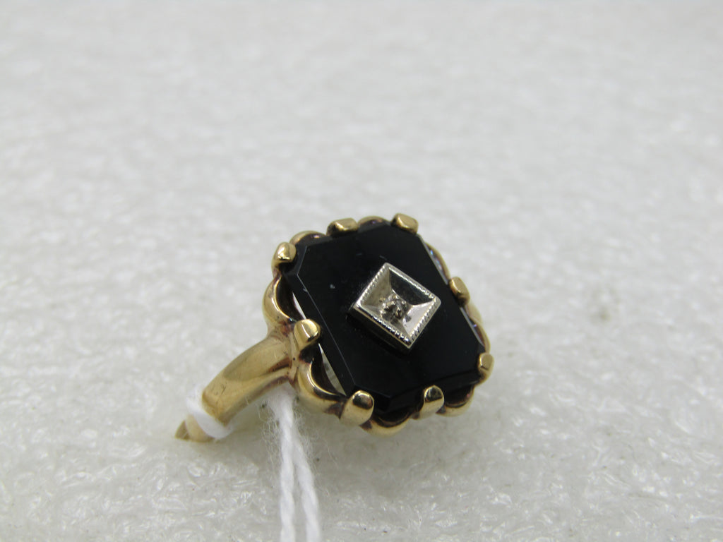 Vintage 10kt Black Onyx Art Deco Themed Ring, Sz. 7.5