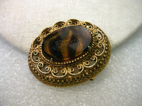 Vintage Amber Brown Glass Brooch, signed Florenza, Mid-Century, Cameo Style