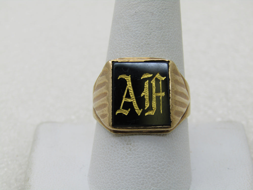 Vintage 10kt Men's Onyx Monogrammed Ring, AF, Sz. 10.5, 1950's-1960's