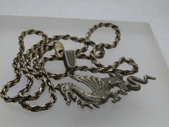 Vintage Sterling Silver Dragon Necklace, 23.5" Rope Chain, Signed 1ofaKind, 1980's-1990's.