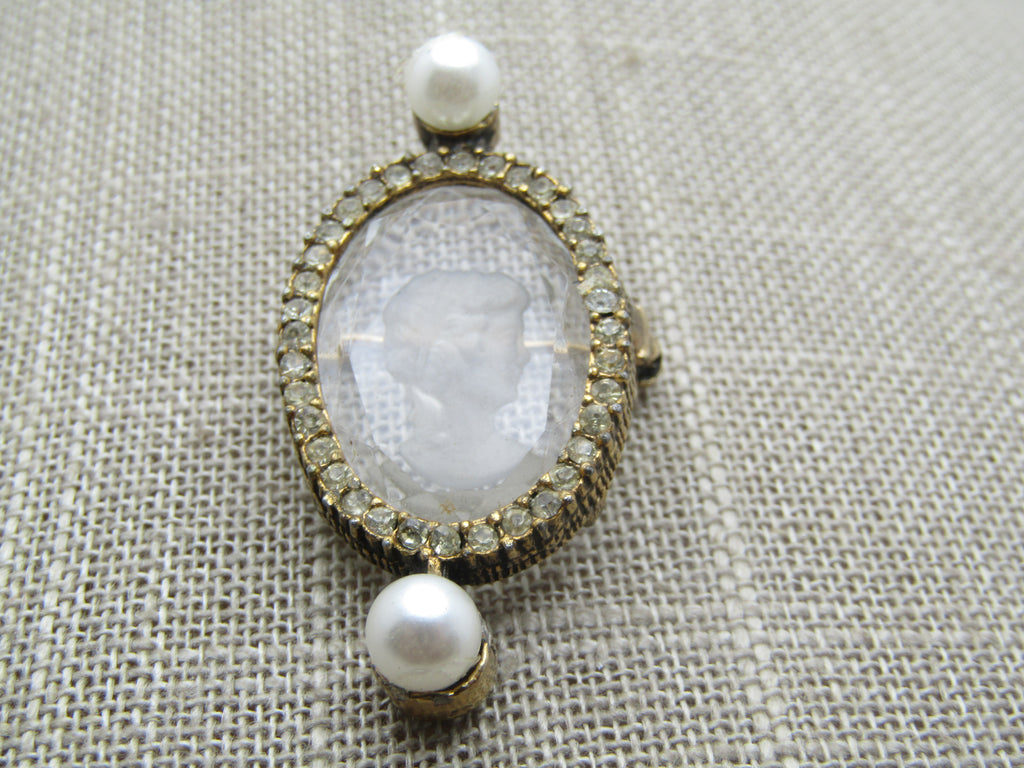 Vintage Reverse Cameo in Glass/Crystal Brooch, , Rhinestones & Faux Pearls, 1960's-1970's