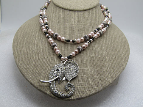 Rhinestone Elephant Double Strand Pink Pearl Necklace, 1990's-2000's, 14.75