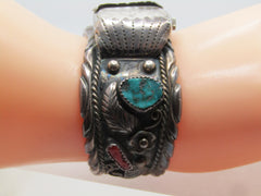 Vintage Sterling Navajo Turquoise Coral Cuff Watch,6.5", J. Yazzie, 1960's-1970's