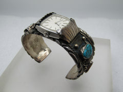 Vintage Sterling Navajo Turquoise Coral Cuff Watch,6.5", J. Yazzie, 1960's-1970's