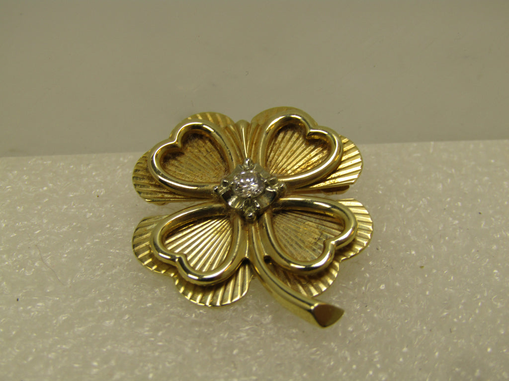 Vintage 14k Diamond Four-Leaf Clover Brooch, 1960's-1970's, Signed