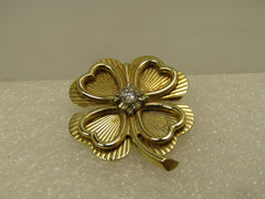 Vintage 14k Diamond Four-Leaf Clover Brooch, 1960's-1970's, Signed
