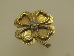 Vintage 14k Diamond Four-Leaf Clover Brooch, 1960's-1970's, Signed