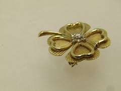 Vintage 14k Diamond Four-Leaf Clover Brooch, 1960's-1970's, Signed
