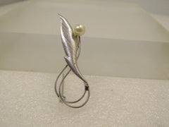 Vintage Cultured Pearl  Leaf Brooch, Curled Stem, Signed DCE, 1960's-1970's