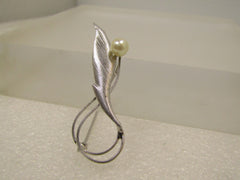 Vintage Cultured Pearl  Leaf Brooch, Curled Stem, Signed DCE, 1960's-1970's