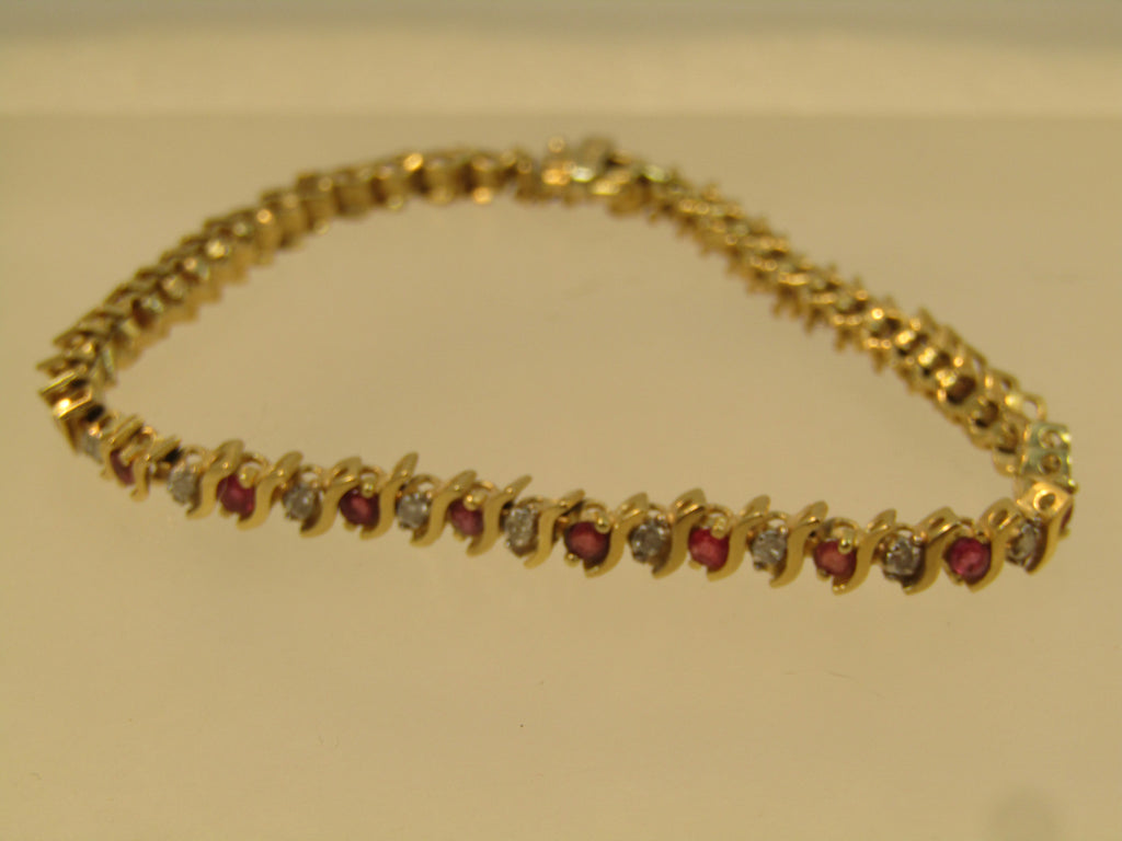 Vintage 14kt Ruby &amp; Diamond Tennis Bracelet, 7.25", Signed, 1980's