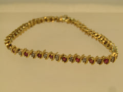 Vintage 14kt Ruby &amp; Diamond Tennis Bracelet, 7.25", Signed, 1980's
