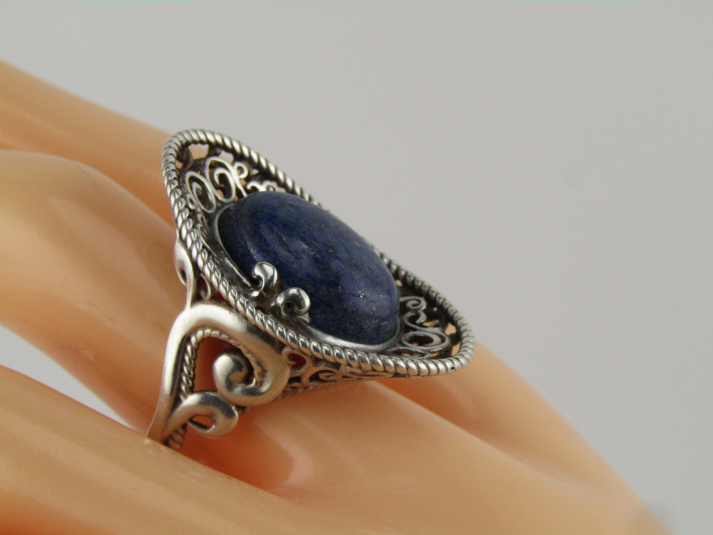 Sterling Carolyn Pollack Relios Blue Agate Ring, Sz. 9.25, Southwestern Vibe, 1980's-1990's, 13.05 grams.