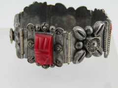 Vintage Sterling Red Carved Mask Bracelet, Mexico, 6.5", Signed CMB, 1940's-1950's.