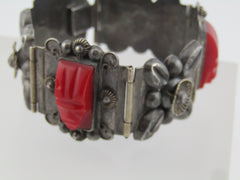 Vintage Sterling Red Carved Mask Bracelet, Mexico, 6.5", Signed CMB, 1940's-1950's.