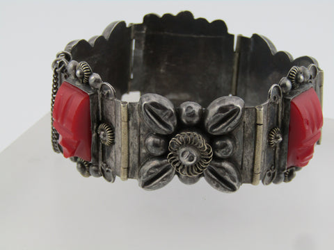 Vintage Sterling Red Carved Mask Bracelet, Mexico, 6.5", Signed CMB, 1940's-1950's.