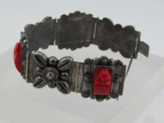 Vintage Sterling Red Carved Mask Bracelet, Mexico, 6.5", Signed CMB, 1940's-1950's.