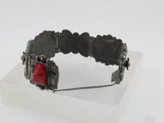 Vintage Sterling Red Carved Mask Bracelet, Mexico, 6.5", Signed CMB, 1940's-1950's.