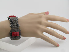 Vintage Sterling Red Carved Mask Bracelet, Mexico, 6.5", Signed CMB, 1940's-1950's.