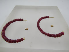 14kt Ruby Beaded Half Hoop Pierced Earrings, 1.5 In, Signed ISG