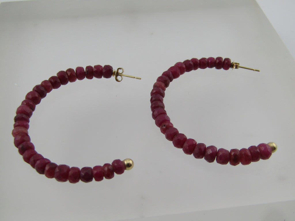 14kt Ruby Beaded Half Hoop Pierced Earrings, 1.5 In, Signed ISG