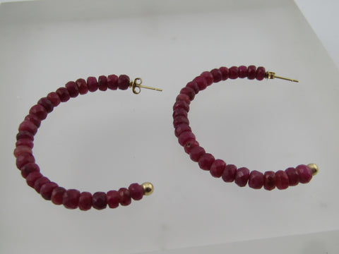 14kt Ruby Beaded Half Hoop Pierced Earrings, 1.5 In, Signed ISG