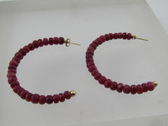 14kt Ruby Beaded Half Hoop Pierced Earrings, 1.5 In, Signed ISG