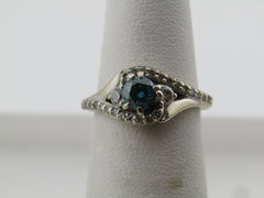 14 Kt White Gold Blue And Clear Diamond Ring, Size 4.5, 3.42 G, Signed GM. 1980's-1990's