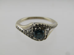 14 Kt White Gold Blue And Clear Diamond Ring, Size 4.5, 3.42 G, Signed GM. 1980's-1990's