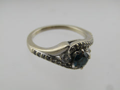 14 Kt White Gold Blue And Clear Diamond Ring, Size 4.5, 3.42 G, Signed GM. 1980's-1990's