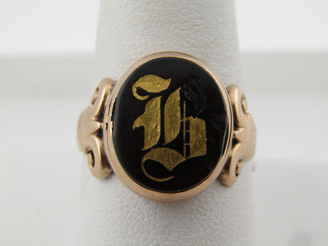 10 Kt Gold Enameled Initial Ring With Some Wear And Damage, Size 10, 1900, 4.56 grams.