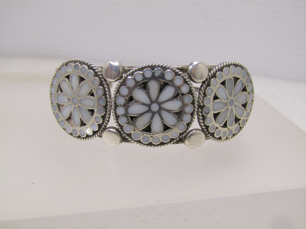 Sterling Zuni Dishta Mother-of-Pearl Cuff Bracelet, 6.5", Post Mid-Century