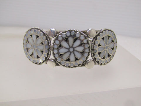 Sterling Zuni Dishta Mother-of-Pearl Cuff Bracelet, 6.5", Post Mid-Century