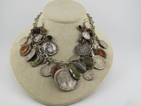 Vintage Faux Roman Coin and Cameo Necklace & Earrings, Chunky, 16"-19"1980's-1990's