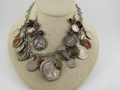 Vintage Faux Roman Coin and Cameo Necklace & Earrings, Chunky, 16"-19"1980's-1990's